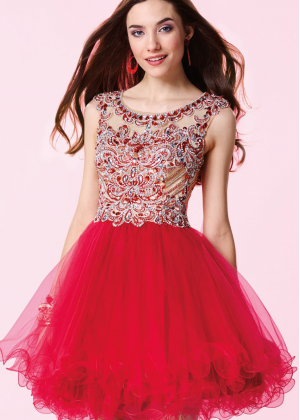 Red Tulle Beaded Scoop Neckline Sheer Back Knee Length Prom Dress Red Tulle Beaded Scoop Neckline Sheer Back Knee Length Prom Dress